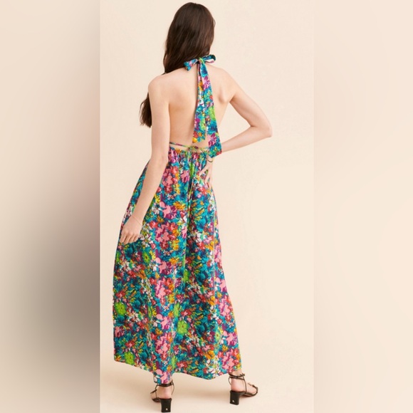 Free People Nouveau Tropic Plunging Halter Neck Linen Blend Bare Back Maxi ZB2 - Picture 3 of 13